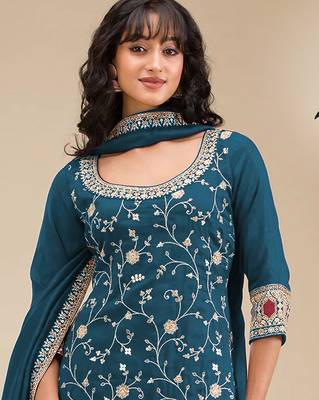 Dark aqua blue embroidered faux chiffon salwar suit 2