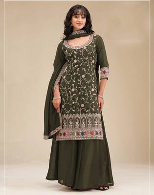 Mehendi embroidered faux chiffon salwar suit 1