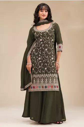 Mehendi color embroideried faux chiffon semi stitched salwar suit