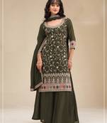 Mehendi color embroideried faux chiffon semi stitched salwar suit
