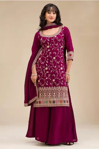 Rani-pink color embroideried faux chiffon semi stitched salwar suit