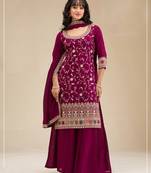 Rani-pink color embroideried faux chiffon semi stitched salwar suit
