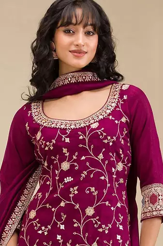 Rani-pink embroidered faux chiffon salwar suit