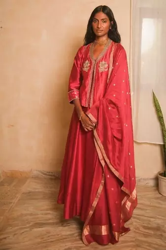 Red embroidered dupion silk kurta set