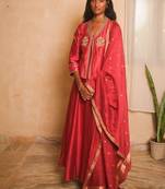 Red embroidered dupion silk kurta set