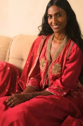 Red embroidered dupion silk kurta set