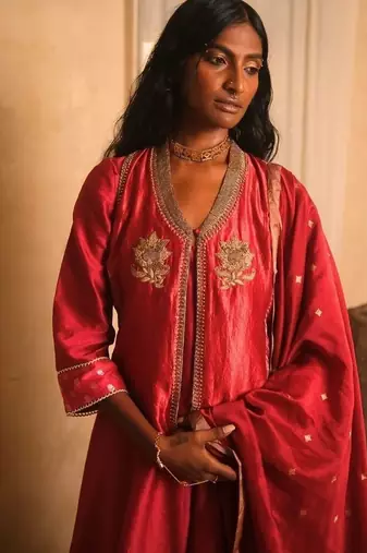 Red embroidered dupion silk kurta set