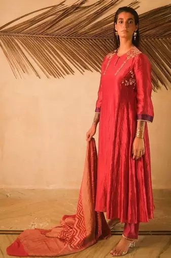 Red embroidered dupion silk kurta set