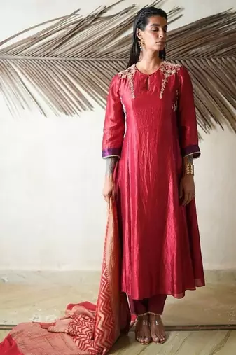 Red embroidered dupion silk kurta set