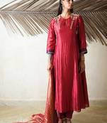 Red embroidered dupion silk kurta set