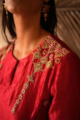 Red embroidered dupion silk kurta set