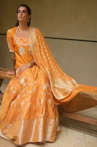 Yellow embroidered dupion silk Lehenga