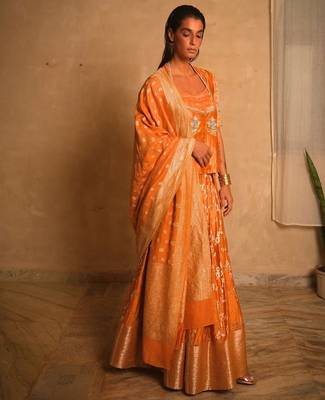 Yellow embroidered dupion silk Lehenga 1