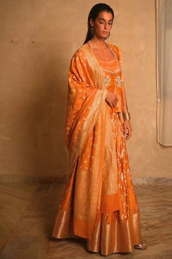 Yellow embroidered dupion silk Lehenga