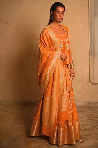 Yellow embroidered dupion silk Lehenga