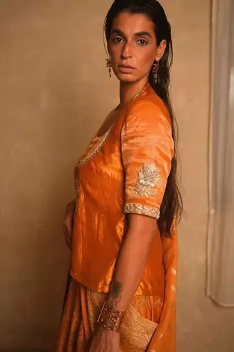 Yellow embroidered dupion silk Lehenga