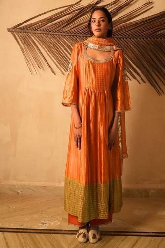 Yellow embroidered dupion silk kurta set