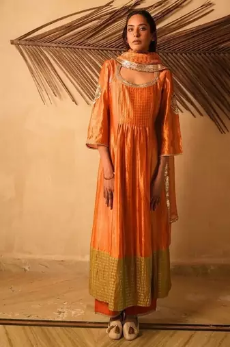 Yellow embroidered dupion silk kurta set