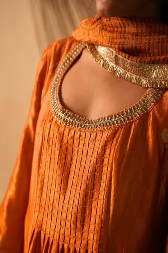 Yellow embroidered dupion silk kurta set