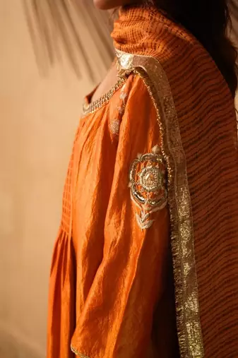 Yellow embroidered dupion silk kurta set