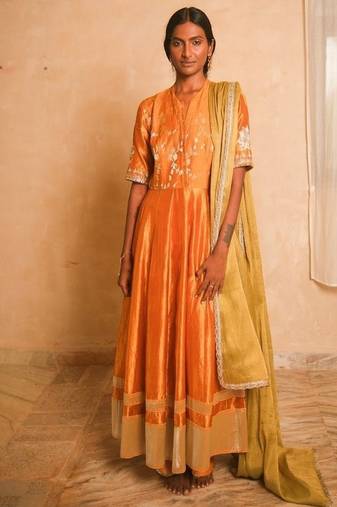 Yellow embroidered dupion silk kurta set