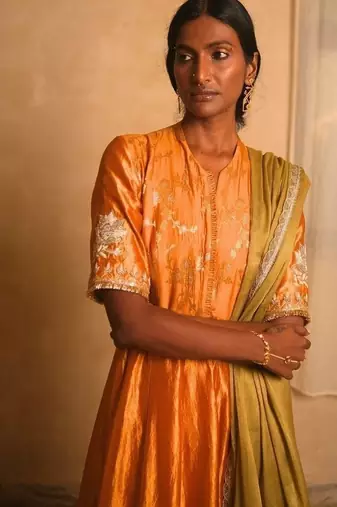 Yellow embroidered dupion silk kurta set