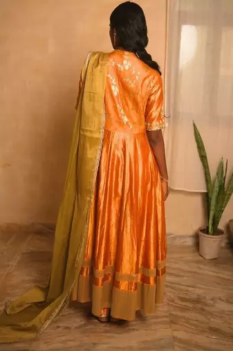 Yellow embroidered dupion silk kurta set