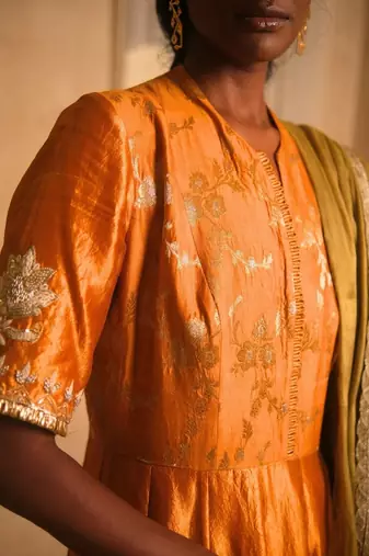 Yellow embroidered dupion silk kurta set
