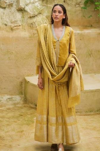 Lime-green plain chanderi kurta set