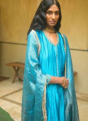 Turquoise-blue plain dupion silk kurta set 2