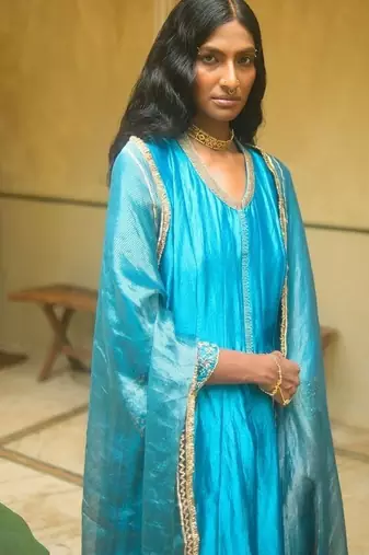 Turquoise-blue plain dupion silk kurta set