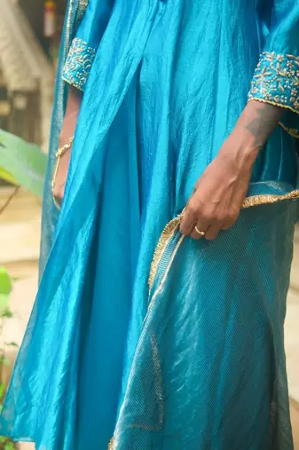 Turquoise-blue plain dupion silk kurta set