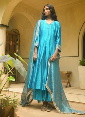 Turquoise-blue plain dupion silk kurta set 1