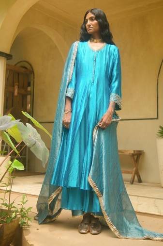 Turquoise-blue plain dupion silk kurta set