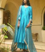 Turquoise-blue plain dupion silk kurta set