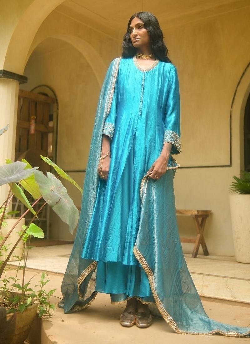 Turquoise-blue plain dupion silk kurta set