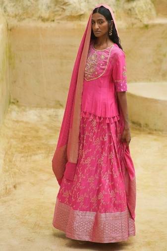 Fuchsia embroidered chanderi Lehenga