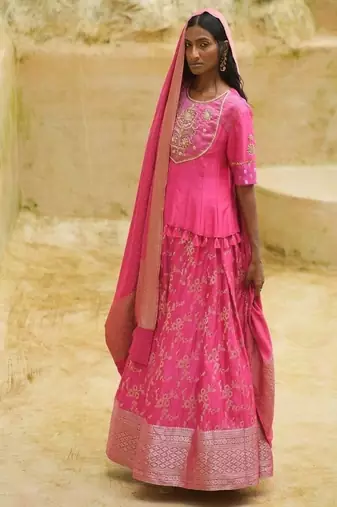 Fuchsia embroidered chanderi Lehenga