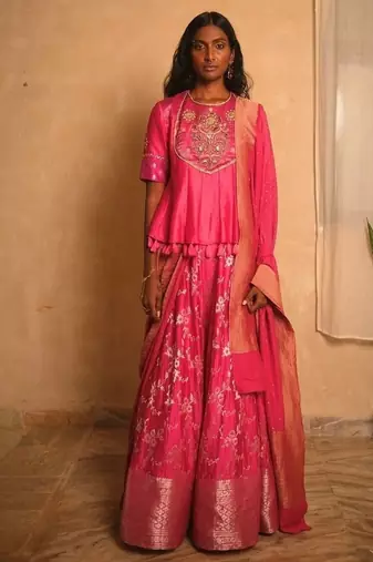 Fuchsia embroidered chanderi Lehenga