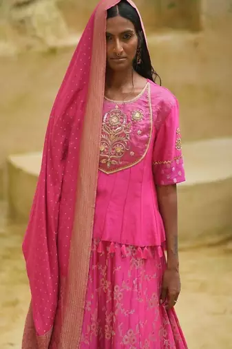 Fuchsia embroidered chanderi Lehenga