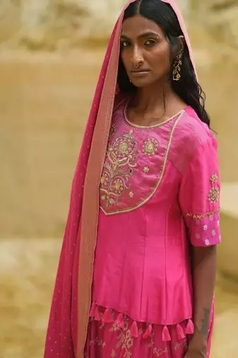 Fuchsia embroidered chanderi Lehenga