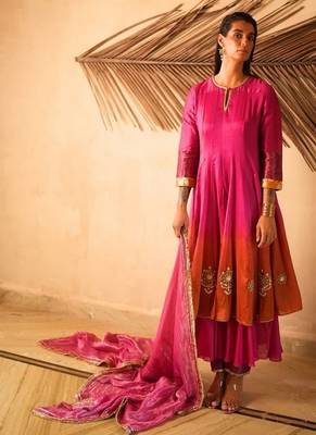 Rani-pink plain chanderi silk kurta set 1