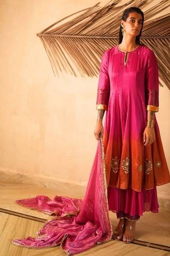 Rani-pink plain chanderi silk kurta set