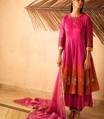 Rani-pink plain chanderi silk kurta set