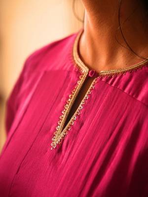 Rani-pink plain chanderi silk kurta set 3