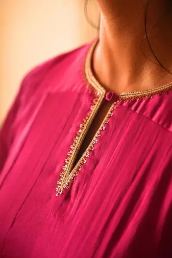 Rani-pink plain chanderi silk kurta set