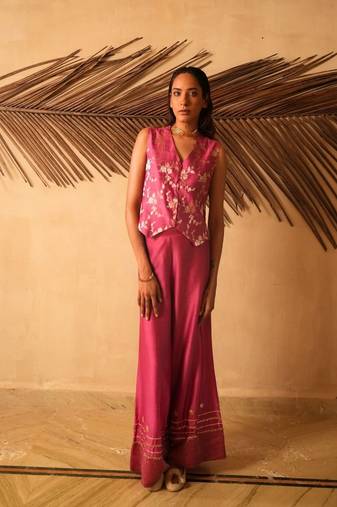 Rose embroidered banarasi silk co ord set
