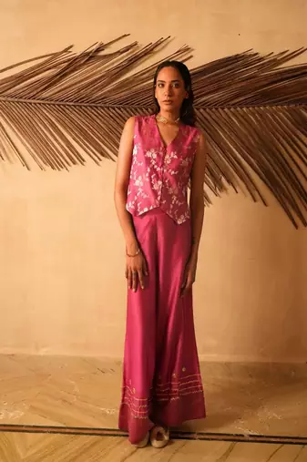 Rose embroidered banarasi silk co ord set
