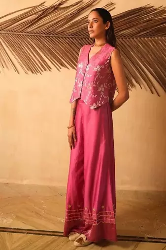 Rose embroidered banarasi silk co ord set