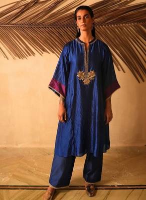 Navy-blue embroidered dupion silk kurta set 1